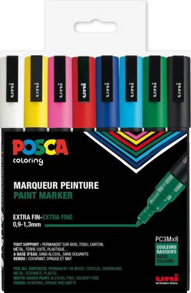Posca - PC3M - Fine Tip Pen - Basic Colors, 8 pc