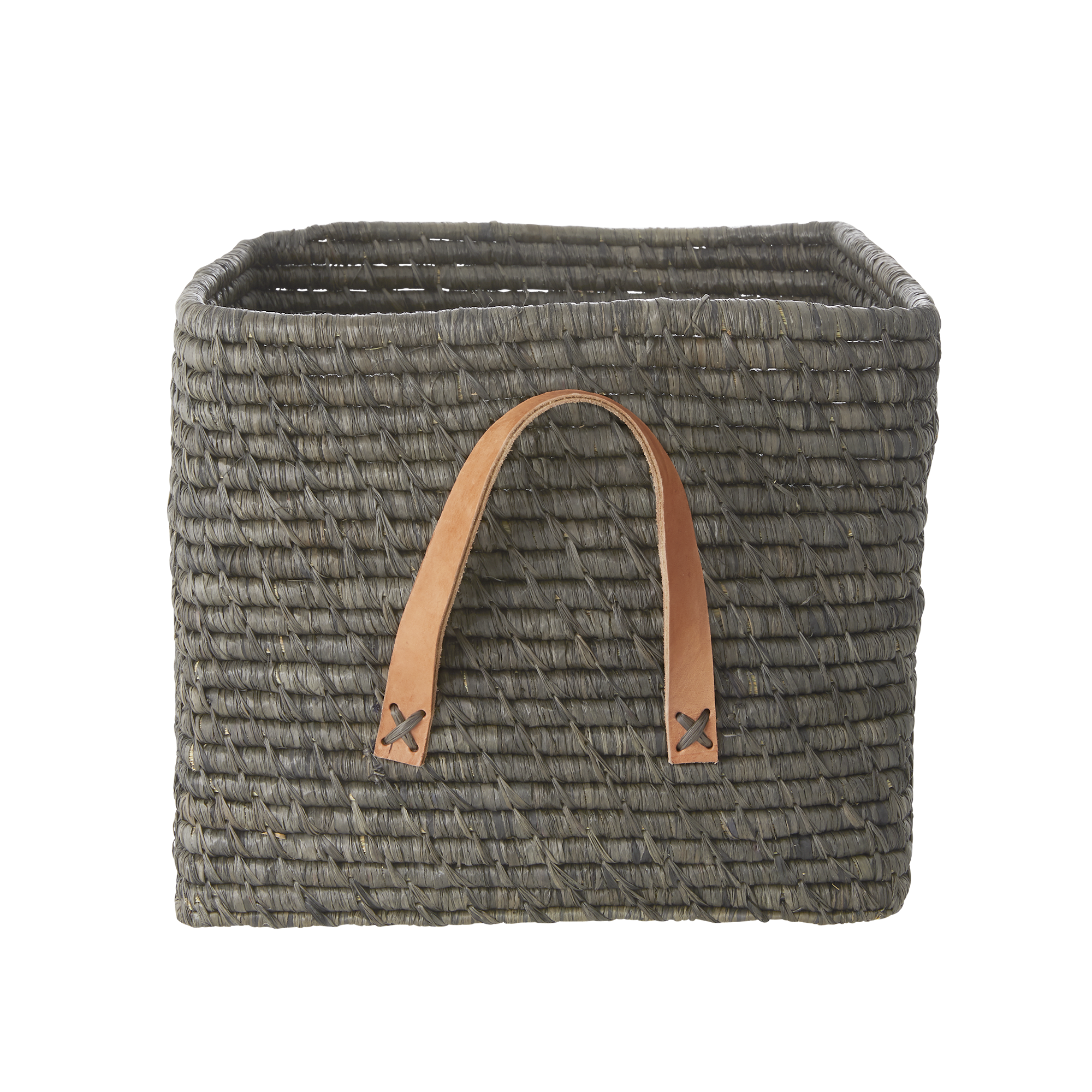 Rice - Small Square Raffia Basket with Leather Handles - Dark Grey Rose