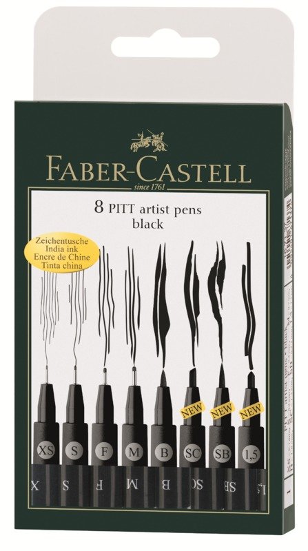 Faber-Castell - Pitt Artist Pen India ink pen, wallet of 8, black (167137)