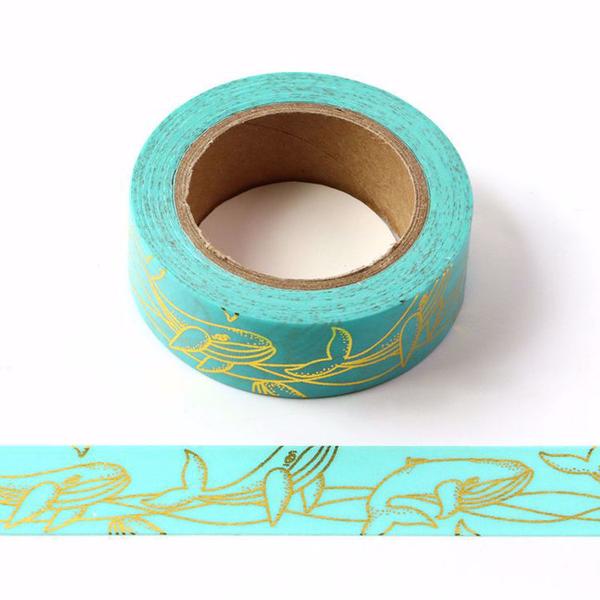 Gold Whale Print Blue Washi Tape