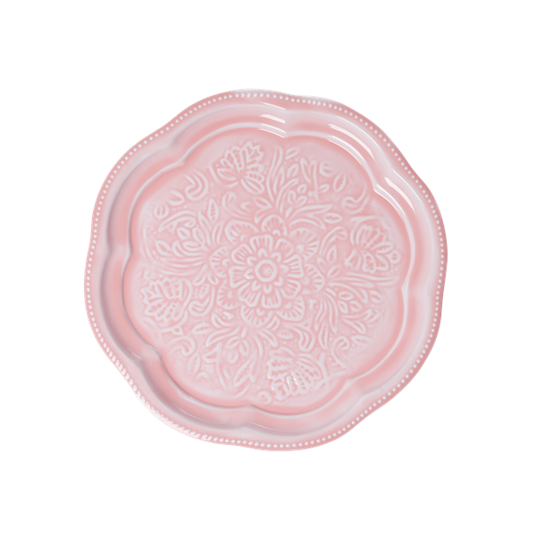 Rice - Metal Round Tray - Flamingo Pink w. Embossed Details and Scallop Edge