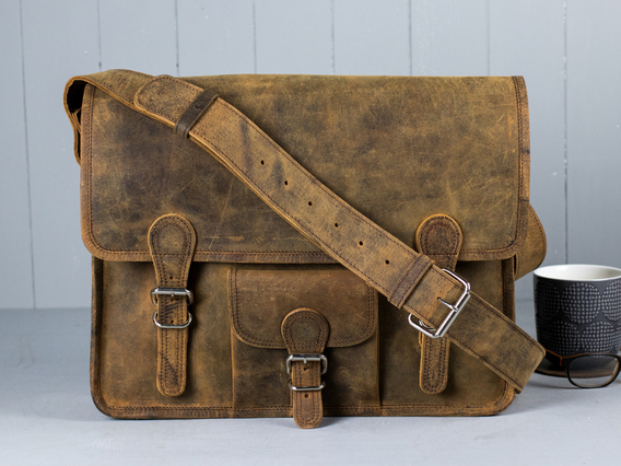 Traditional Old School Leather Satchel Bag Brown 15 Inch