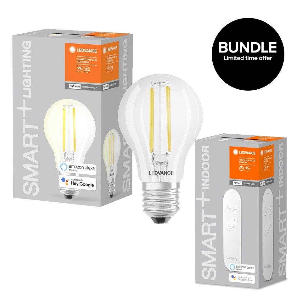 Ledvance - Smart+ Standard 827 Clear filament E27 WiFi + Dimmer Remote - Bundle