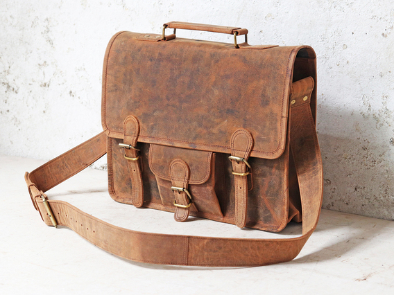 Medium Vintage Leather Satchel 15 Inch With Pocket & Handle Brown 15 Inch