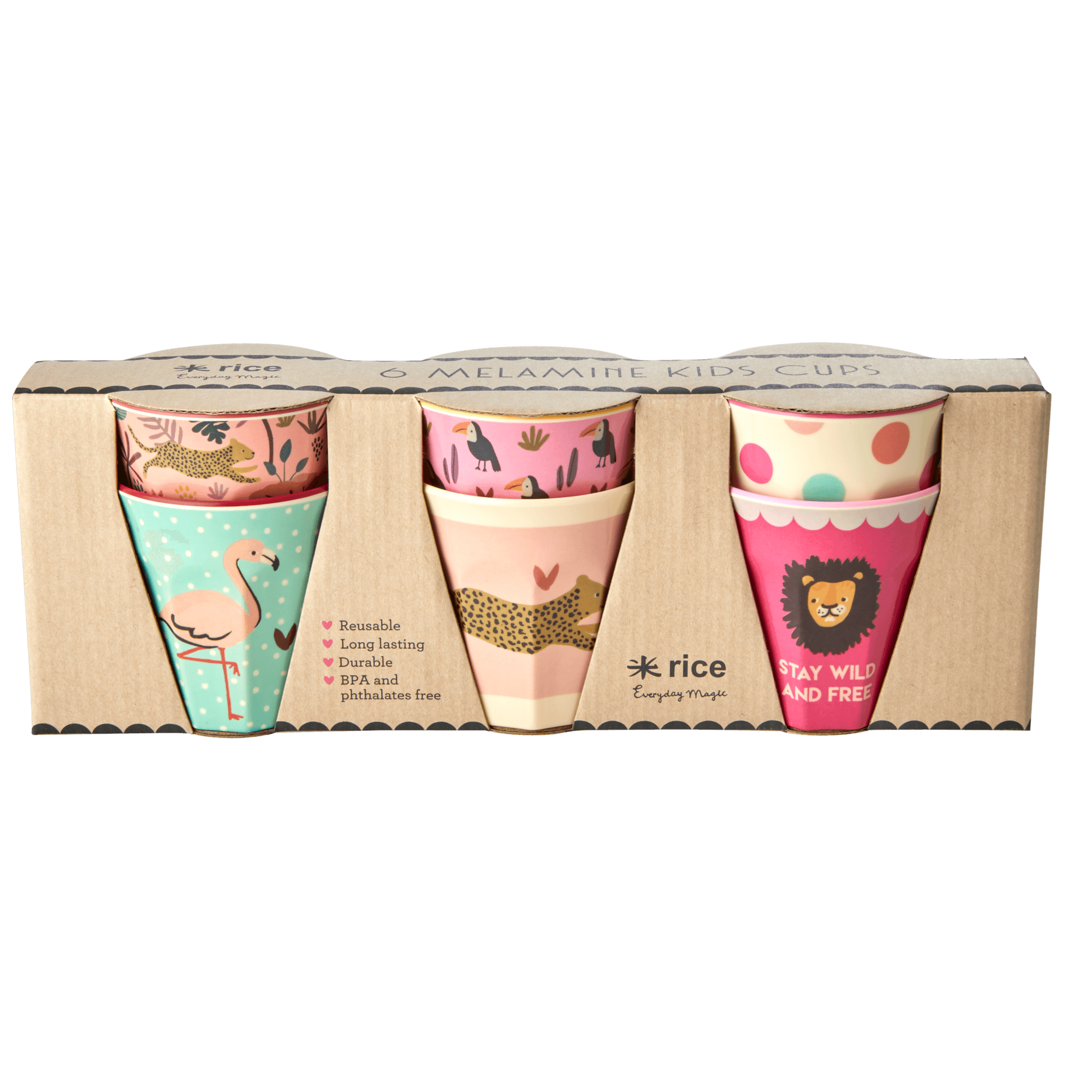 Rice - 6 Pcs Small Melamine Kids Cups -Jungle Print Pink