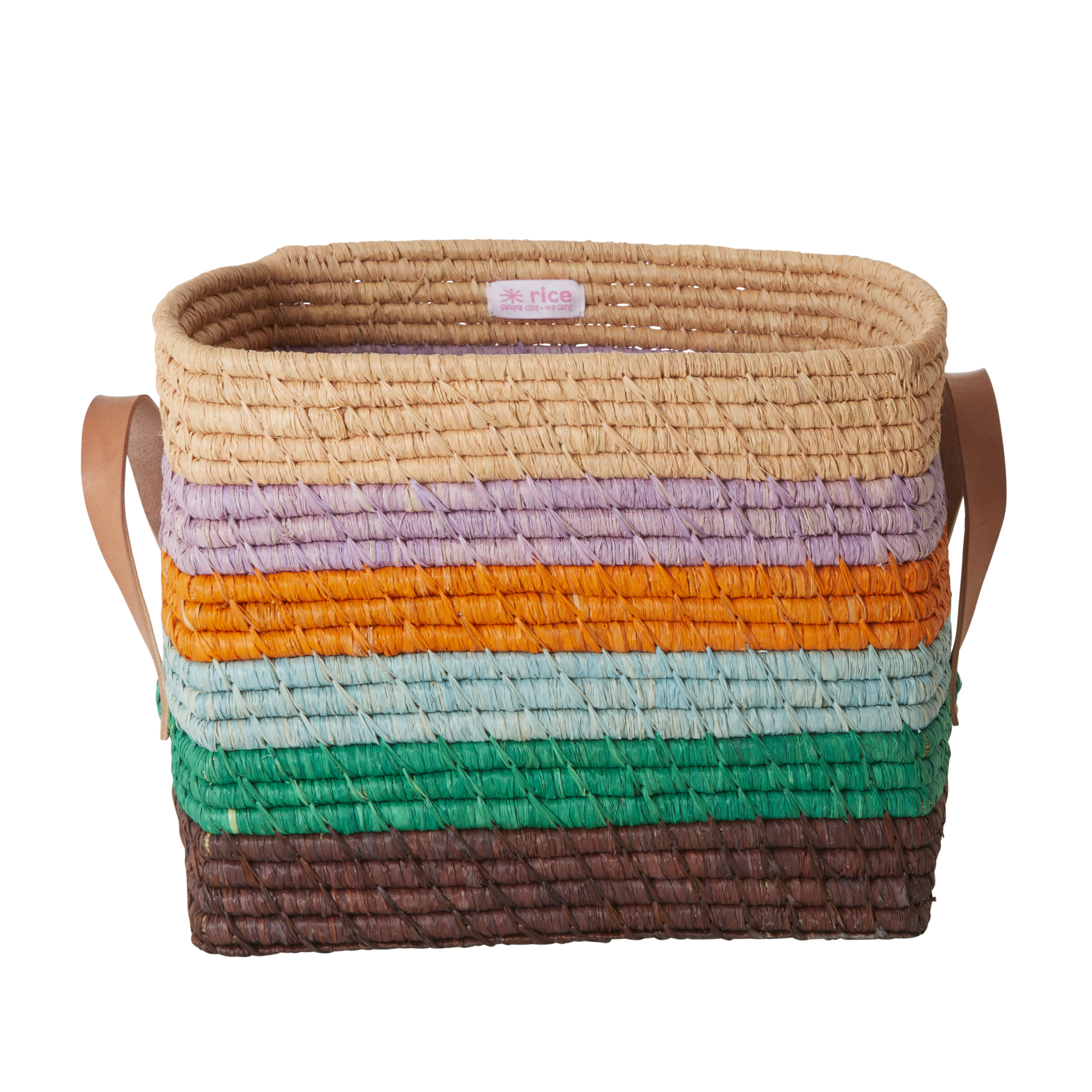 Rice - Small Square Raffia Basket with Leather Handles - Stripes The Call of The Disco Ball