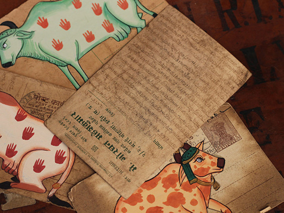 Hand-painted Vintage Indian Postcard - Holy Cows
