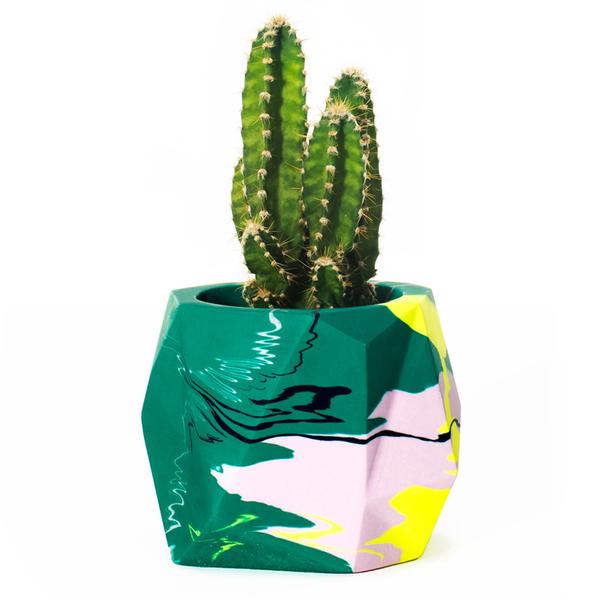 Small Emerald Green & Yellow Geometric Plant Pot