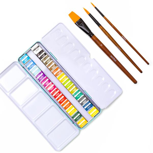 24 Watercolour Pan Set & 3 Paint Brushes Bundle