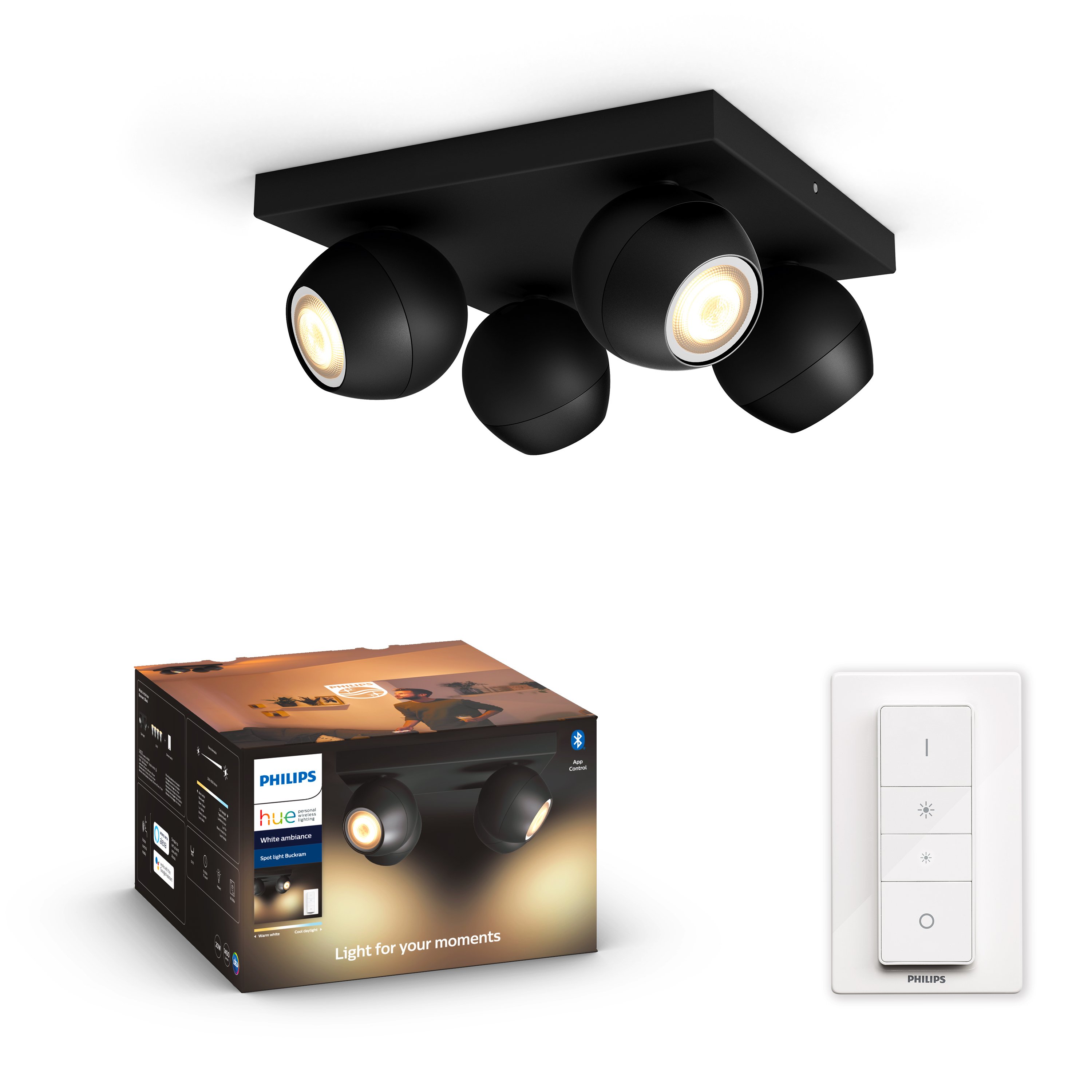 Philips Hue - BUCKRAM plate/spiral black 4x5.5W 230V - White Ambiance - Bluetooth Dimmer Included