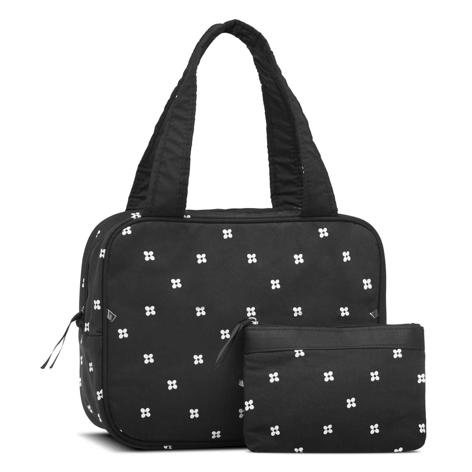 Karen - 2 Pcs Cosmetic Bag Set - Black w. Daisies
