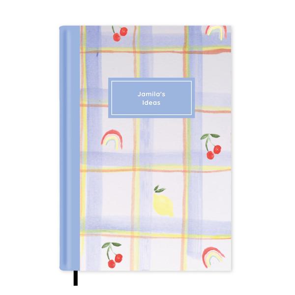 Blue Checked Rainbow & Cherries Notebook A5 - Personalised