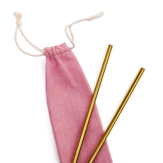 Metal Gold Straws & Pink Cotton Storage Bag