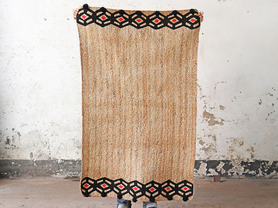 Medium Jute Floor Rug - Black Hexagon Medium