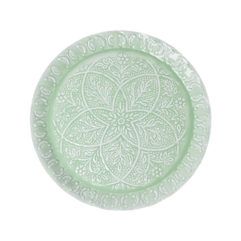 Rice - Metal Round Tray - Green w. Embossed Details and Scallop Edge