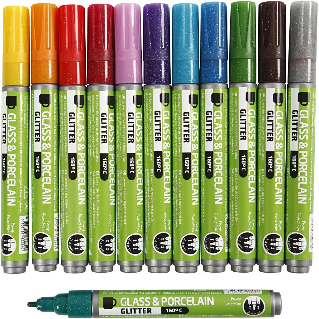 Glass & Porcelain Pens - Glitter - Semi Opaque - 12 pcs (31312)