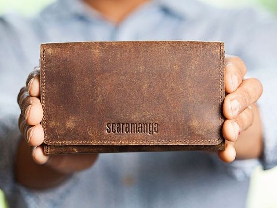 Leather Tri Fold Smartphone Wallet Brown