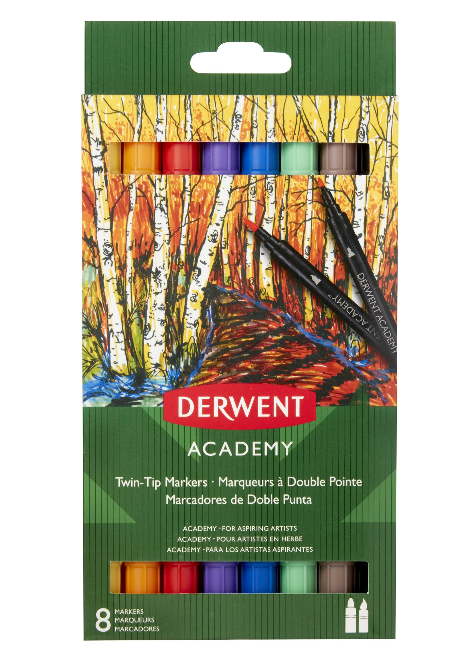 Derwent - Academy Twin Tip Markers, 8 Fine & Brush Tip