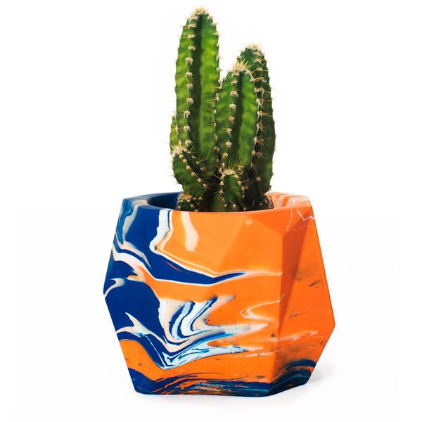 Small Orange & Cobalt Geometric Plant Pot