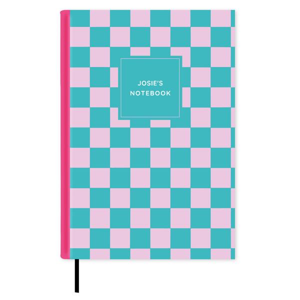 Turquoise & Pink Check Personalised Notebook A5